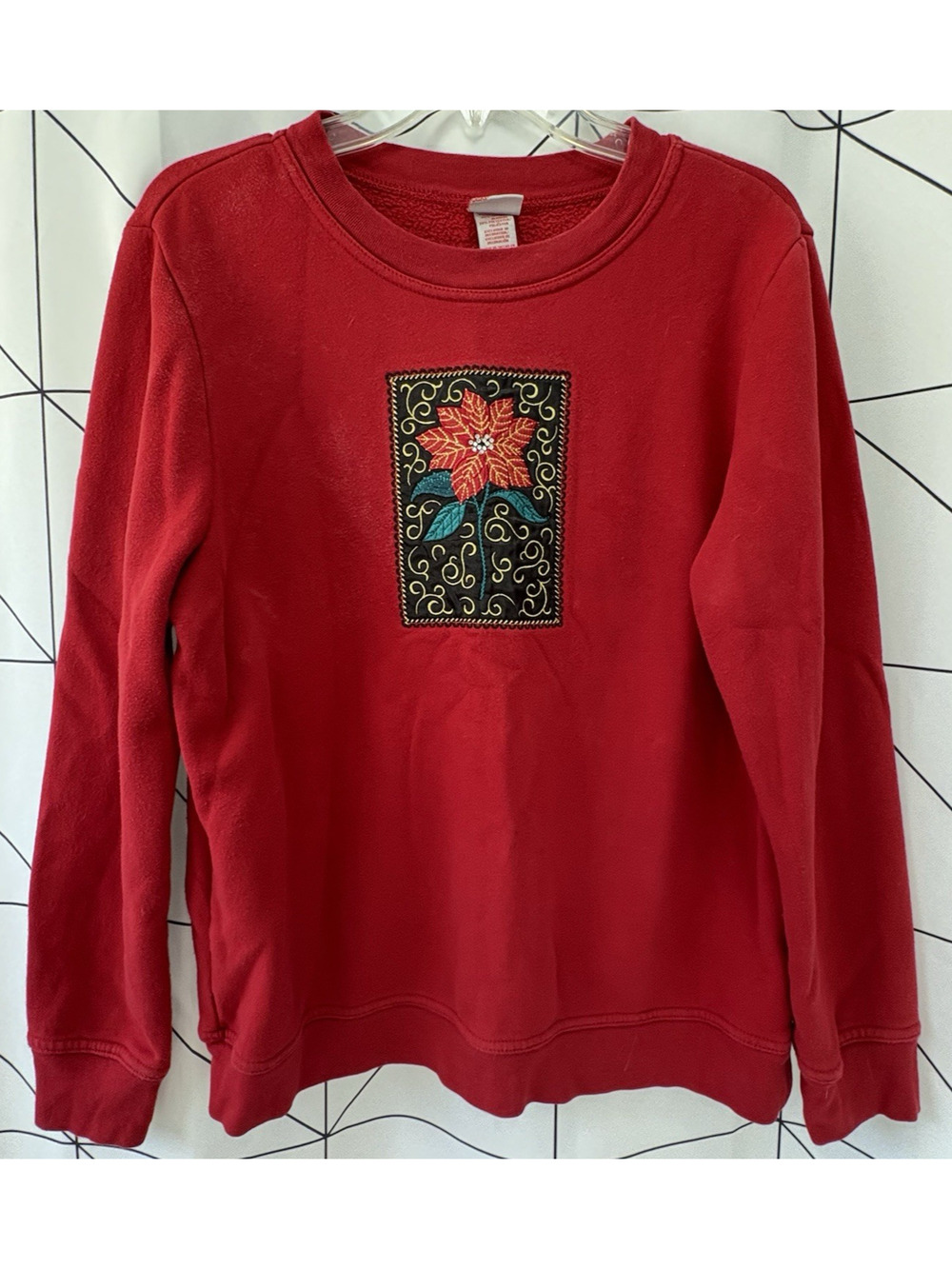 Womens L Holiday Editions Poinsettia Christmas Frame Studded Sweatshirt Red